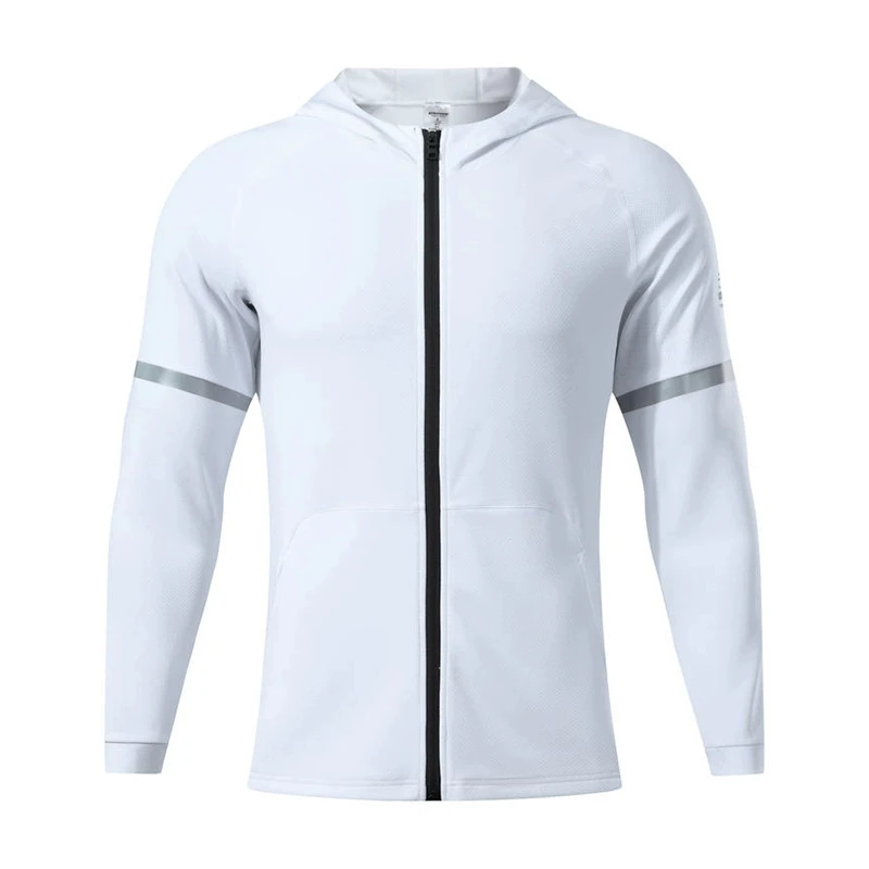 Men Autumn Sports Sweatshirts Zipper Hoodies Running Fitness Elastic Hoody Male Long Sleeve Jackets with Hood Thick Coats White