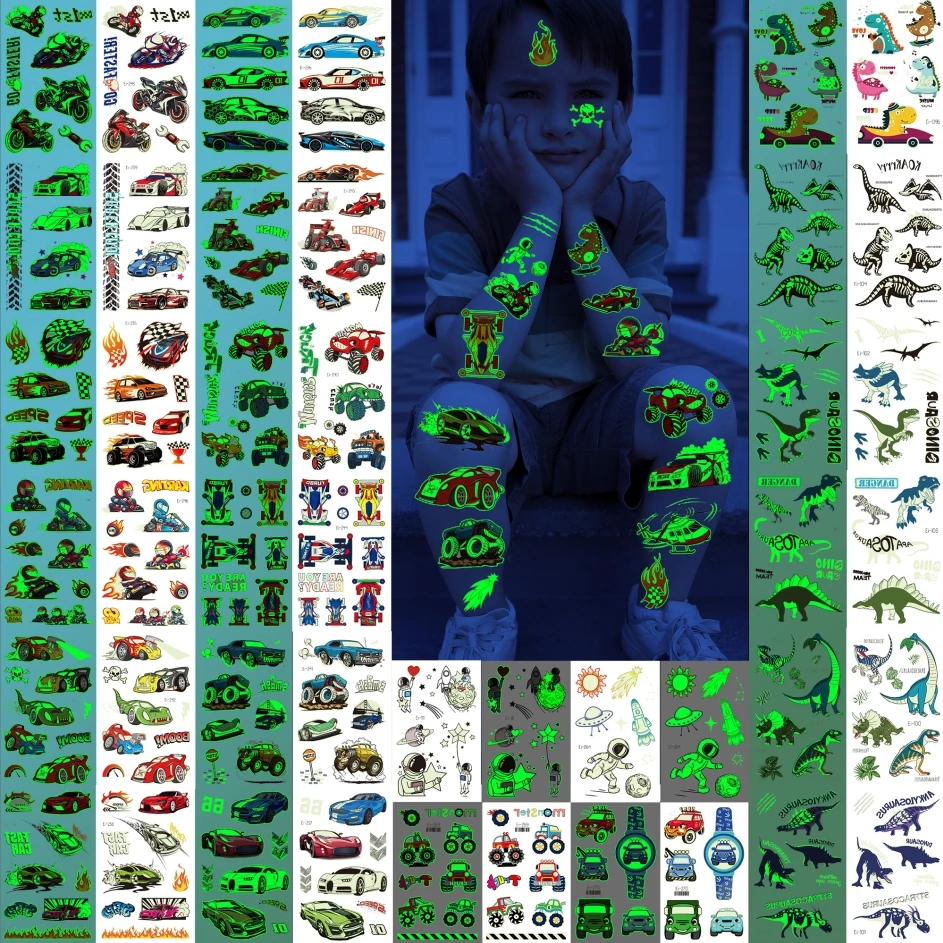 

3D светящийся в темноте телефон для детей мальчиков флэш-тату поддельный светящийся динозавр астронавт гоночные автомобили Светящиеся Татуировки