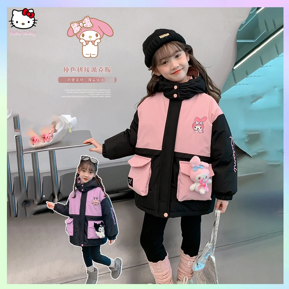 

Sanrioed аниме Cinnamoroll Kuromi Подростковая зимняя новая теплая толстовка длинная куртка для девочек кавайные детские толстые пальто Детская верхняя одежда