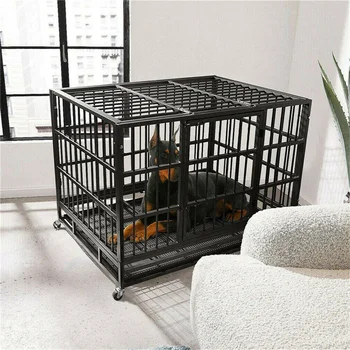 XXL Large Heavy Duty Dog Crate Strong Pet Cage Tear Resistant Square Tube Metal Kennel Playpen with Lockable Wheels and Tray 4