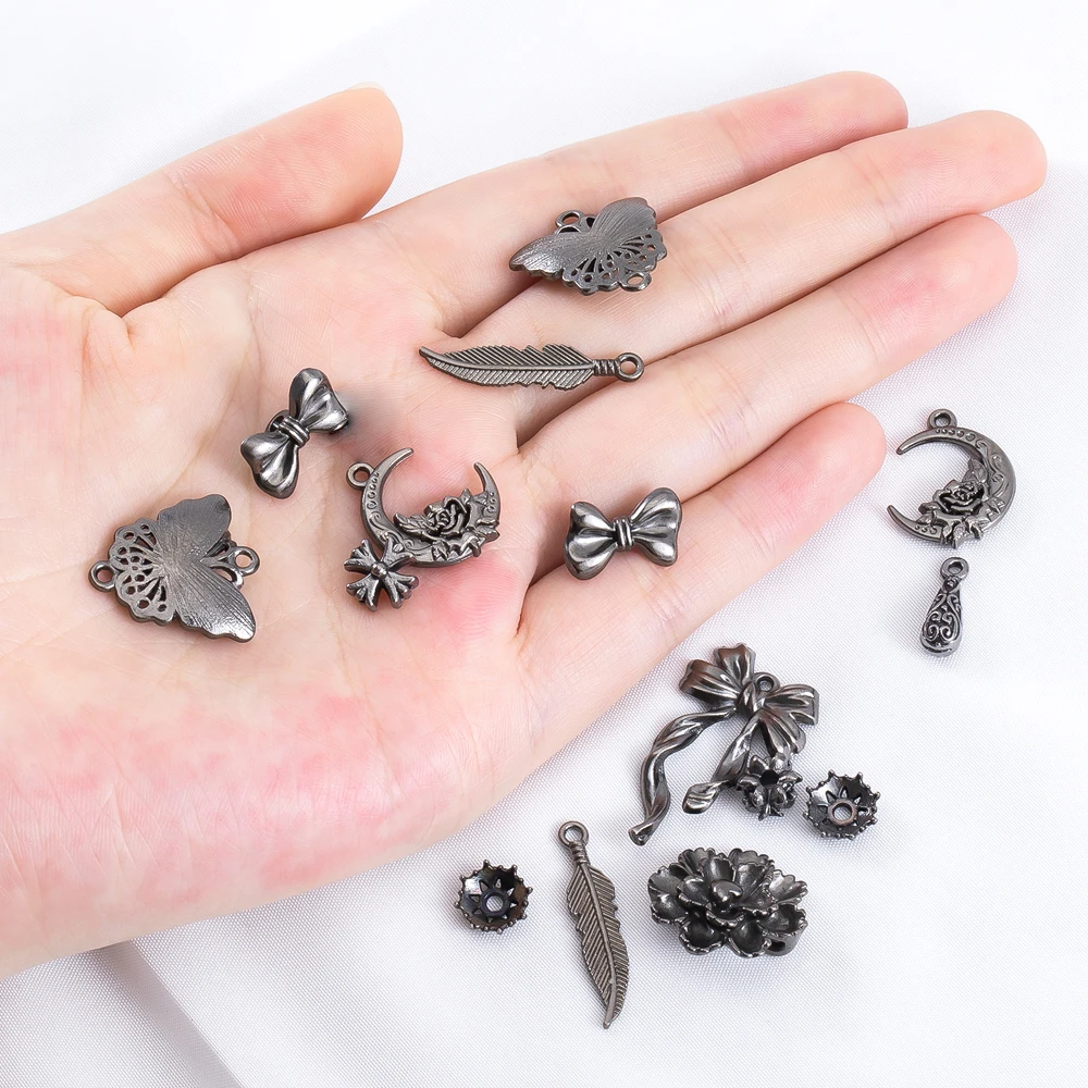 5 stücke Gun Schwarz Schmetterling Feder Mond Blume Halter Spacer Legierung Schmuck Machen Material DIY Perlen Armband Halskette Komponente – Detail 7