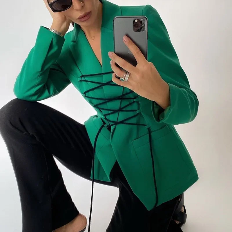 Autumn Winter Blazer Coat Bandage Tops Y2k Women Solid Color Casual Chic Jackets Elegant Office Lady Streetwear Jacket Female casual women office lady skirt two piece set jacket coat and dress solid color streetwear clothes for women outfit