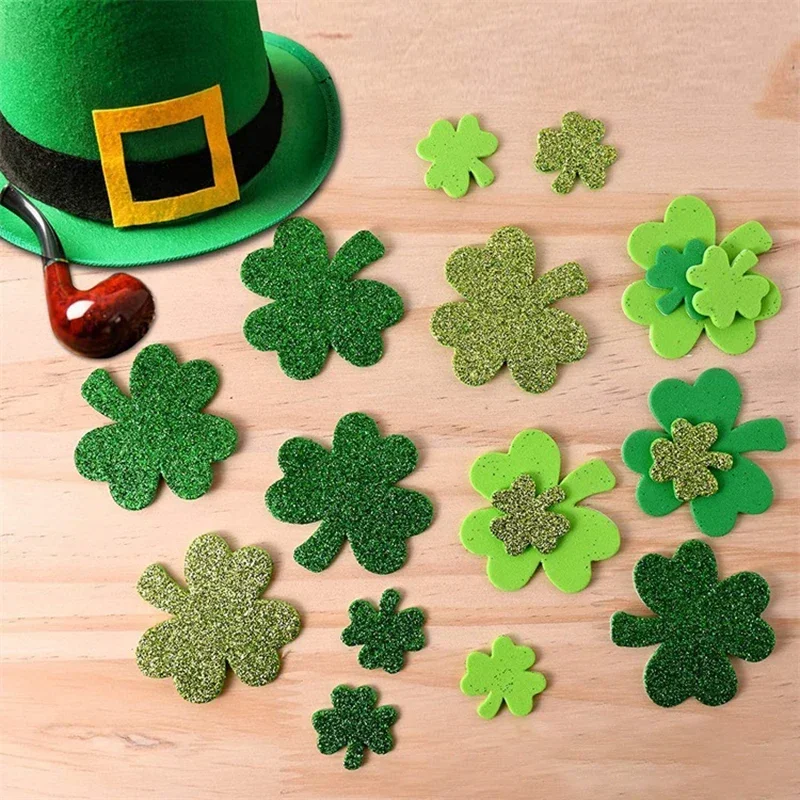 1 Pack 80PCS Happiness Foam Sticker Adhesive Shamrock Shape Stickers Green Leaf Decoration St Patrick's Day Party DIY Making