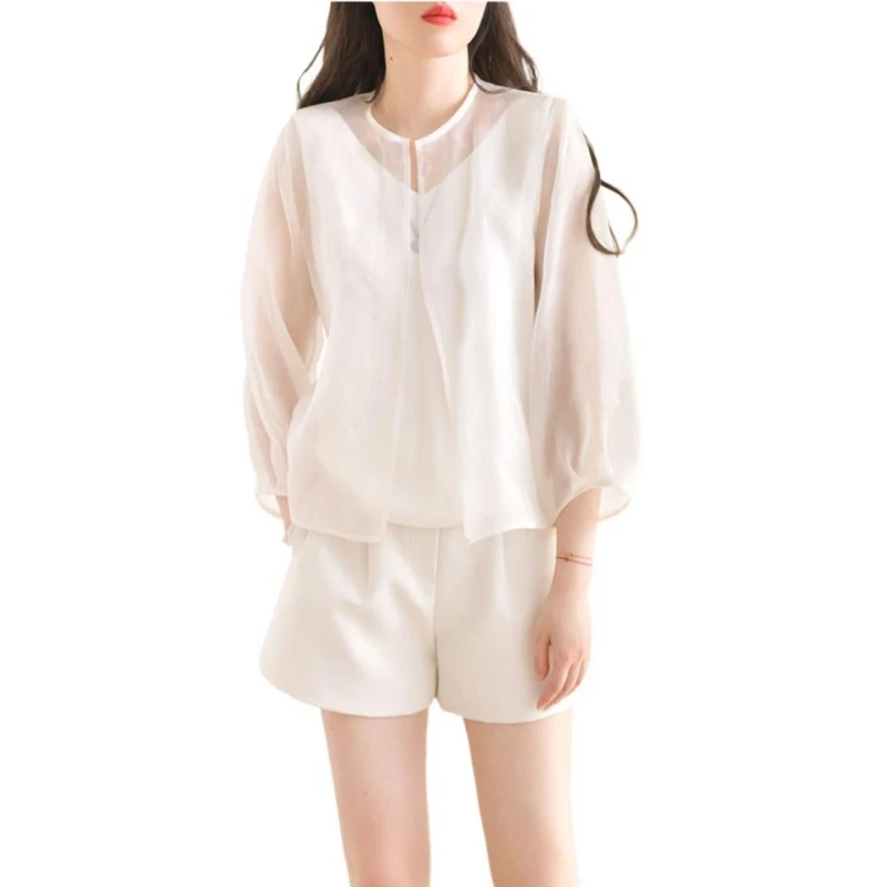 

Spring New Feminine Rayon O-Neck Shirts Three Quarter Sleeves Simplicity Solid Thin Temperament Elegant Advanced Sense Outwear