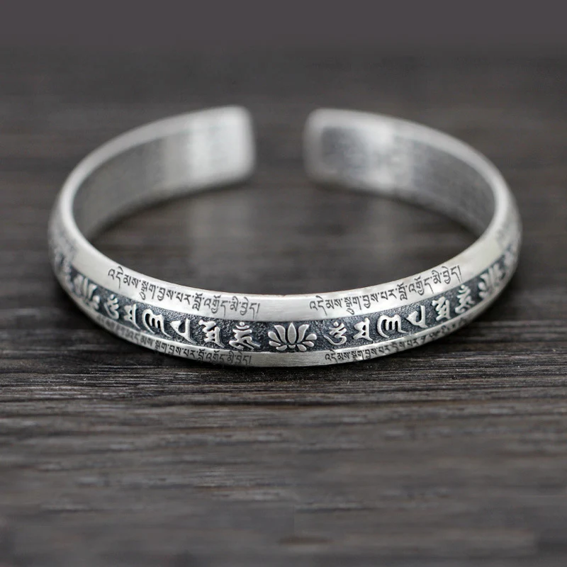 925 Argento Intagliato Muslimheart Sutra Lotus Flower Bracciale Sei Caratteri True Words Wide Vintage Bangles Jewelry