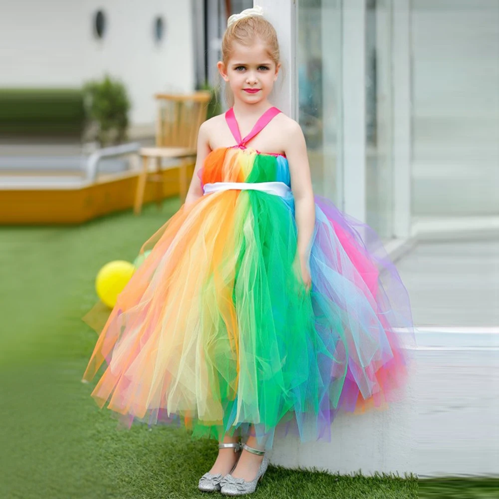 Rainbow Long Dresses for Girls Candy Princess Costumes for Kids Floor
