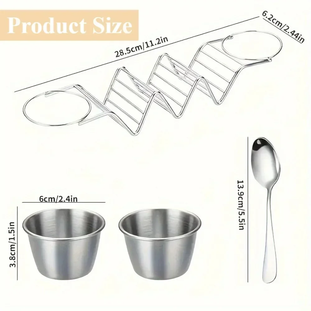 4PCS/Set Taco Holder Stand Set with Sauce Cups and Spoons Stainless Steel Mexican Food Rack Taco Tray for Restaurant Home Use