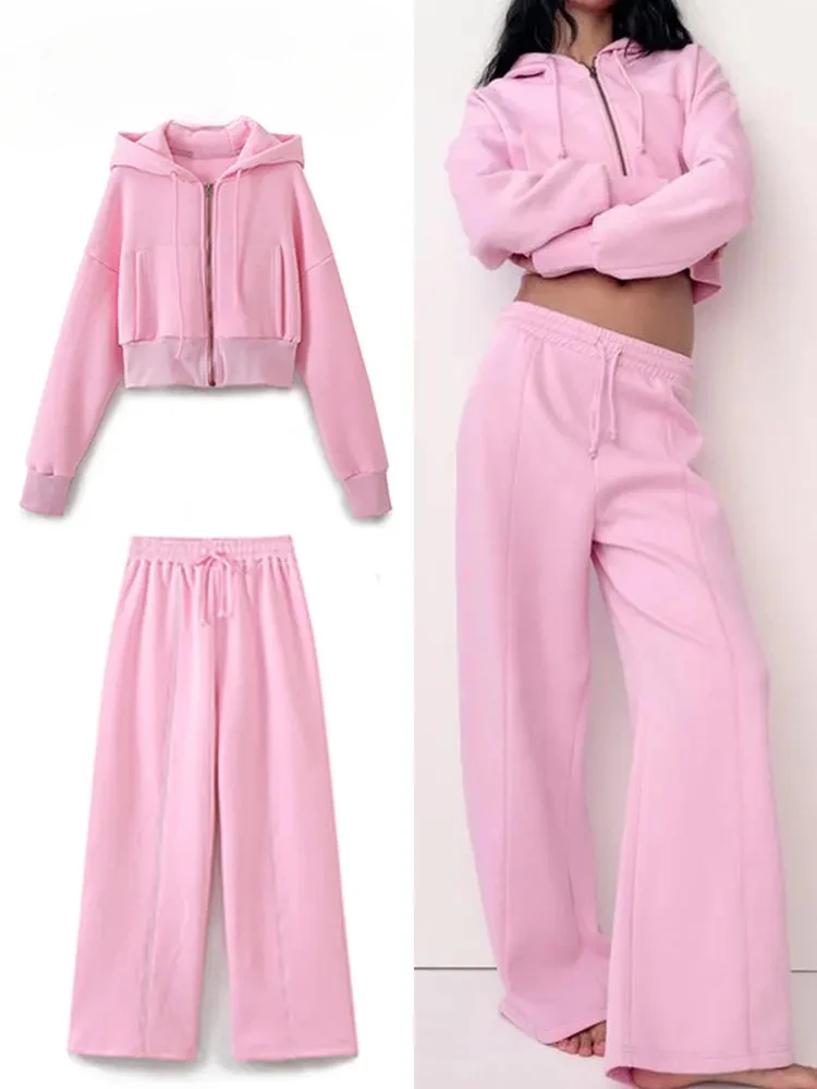 New Women's Trousers Suit Fashion Long Sleeve Zipper Coat elastic Hem Short Side Pocket Hooded Basic Coat And Trousers Suit 3