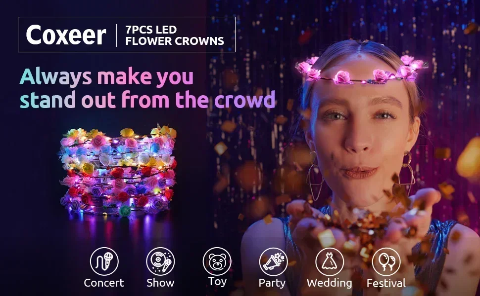 60Pcs Flower Wreath Luminous 10-LED Headpiece Garland Crown Flower Headband Glowing Wreath For Wedding Party Christmas Garlan