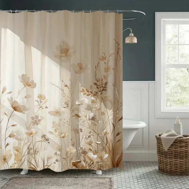 ม่านอาบน้ำลายดอกไม้สีเบจ ให้เอฟเฟกต์แสงนุ่มนวล ดีไซน์พฤกษศาสตร์ ตกแต่งห้องน้ำอย่างหรูหรา ผ้ากันน้ำ แรงบันดาลใจจากธรรมชาติ 1