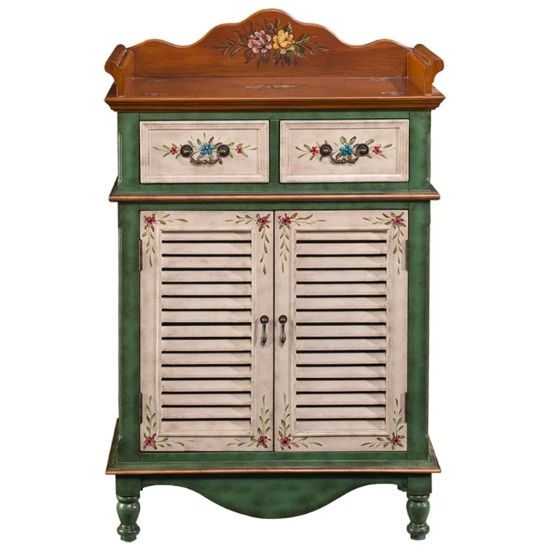 

American Furniture Shoe Cabinet Living Room Curio Cabinet Hand Painted Sideboard Cabinet Mediterranean Foyer Entrance Cabinet