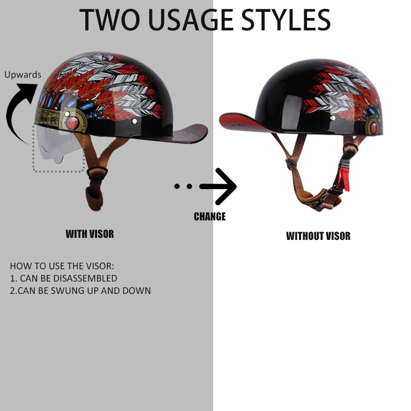 Uchoose Summer Motorcycle Casque DS Baseball Cap Helmet Retro Helmets Vintage Open Face Scooter Cruiser Chopper Gangster
