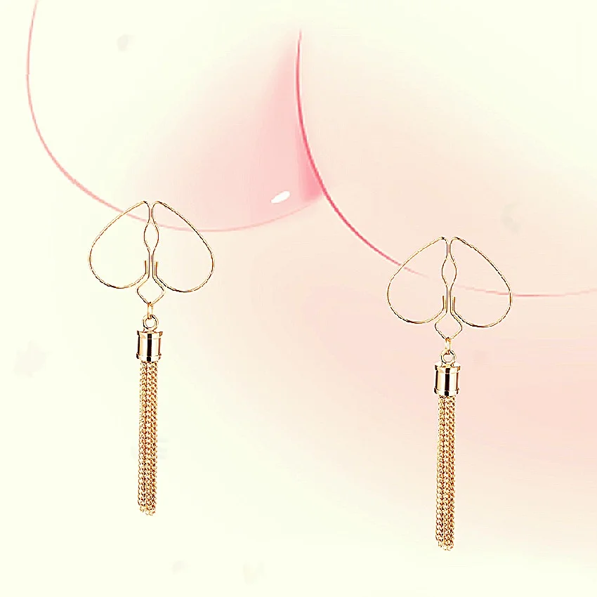 Gold Heart Nipple Clips With Pendant Tassels Non Piercing Jewelry_voghion.com