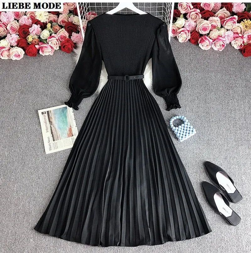 

Women's Elegant Casual Maxi Dress Spring Summer Patchwork Puff Long Sleeve Pleated Dresses Ladies Evening Party Robe Femmes