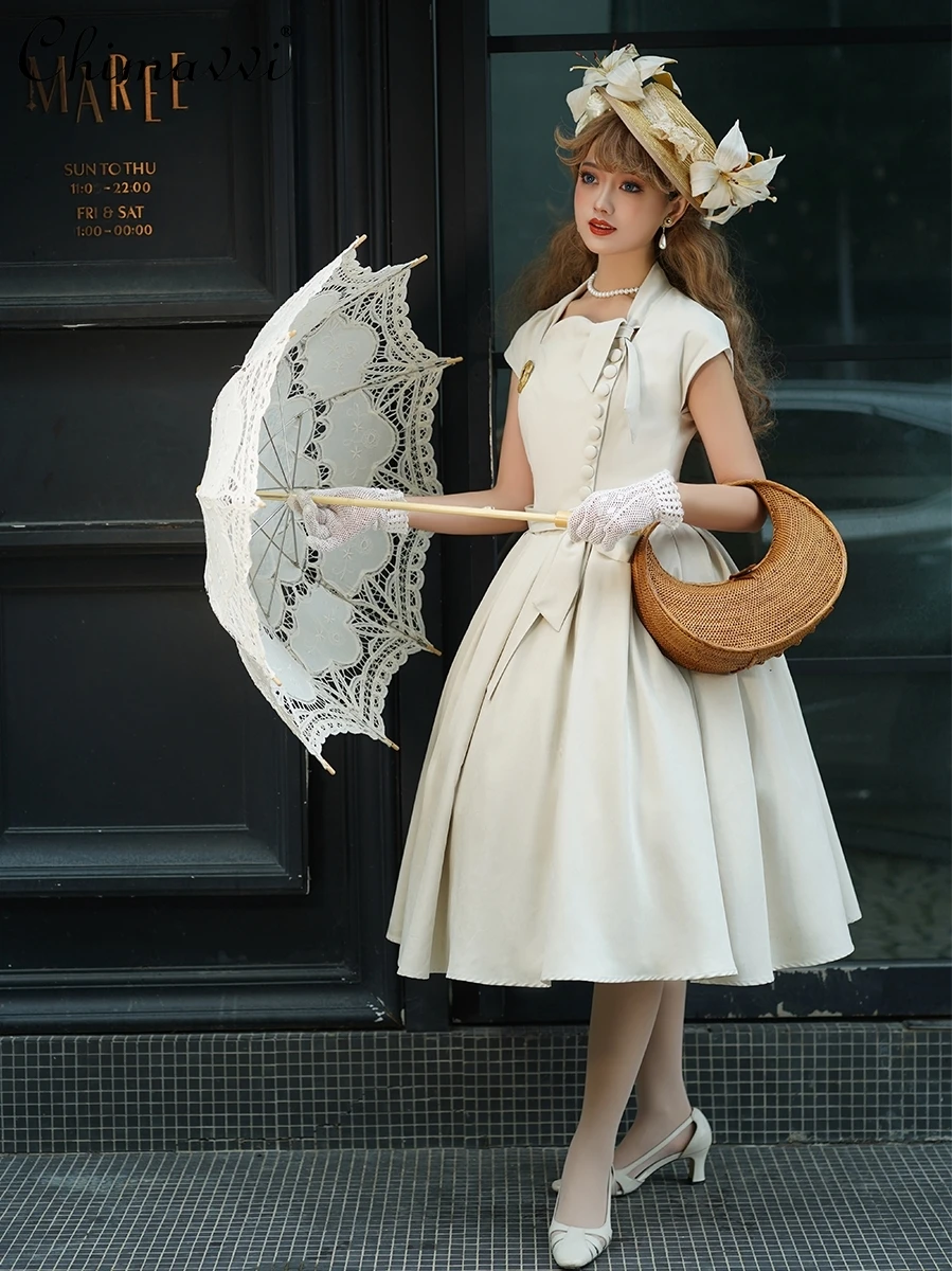 

Fashion Retro Long Dress for Women 2024 Summer Clothes New High-End Short Sleeve Sweet Slim Fit Temperament Lolita Style Dresses