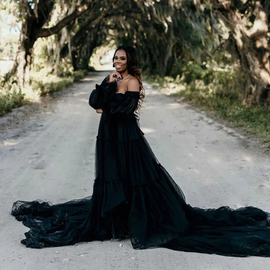 

Flowing Black Soft Tulle Photography Dresses Long Train Elegant Maternity Dress for Photoshoot Pregnant Women Prom Party Gowns