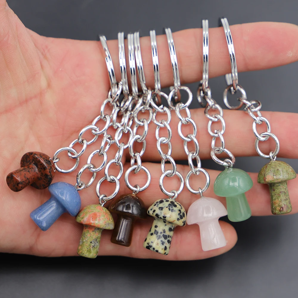 New Natural Stone Key Chain Mushroom Pendant Cute Mini Statue Charms Crafts With Loop Bracelets Keychain Jewelry Accessories 6Pc