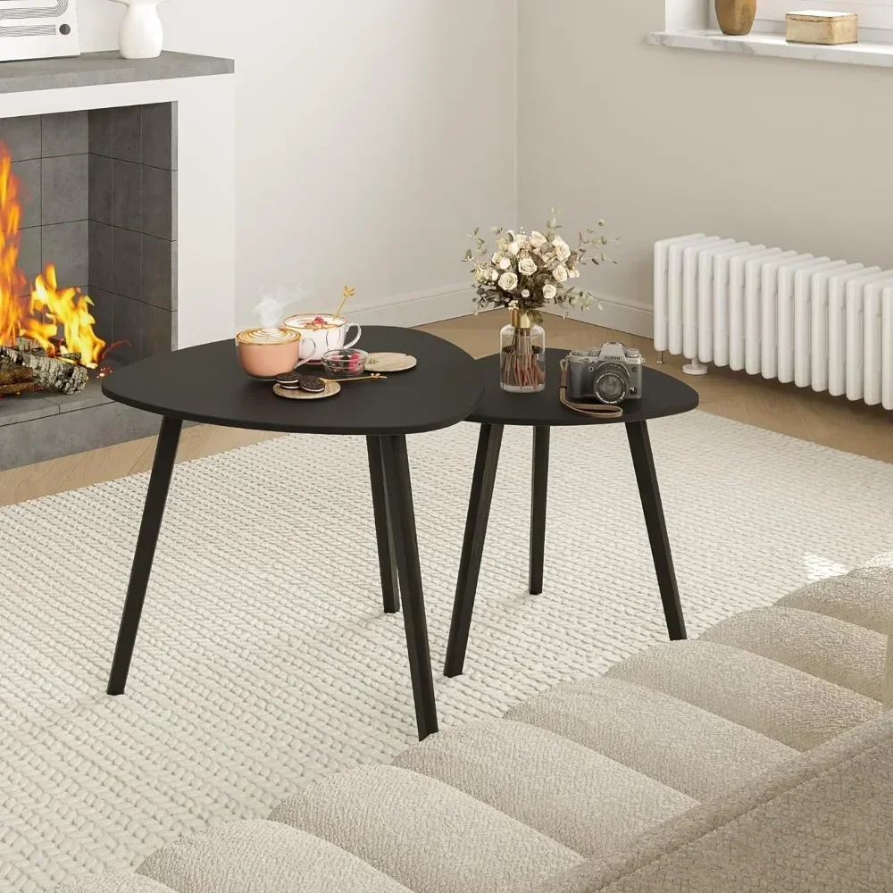 Bamboo and wood triangular end table, set of 2 living room coffee tables, modern minimalist side table in the living room