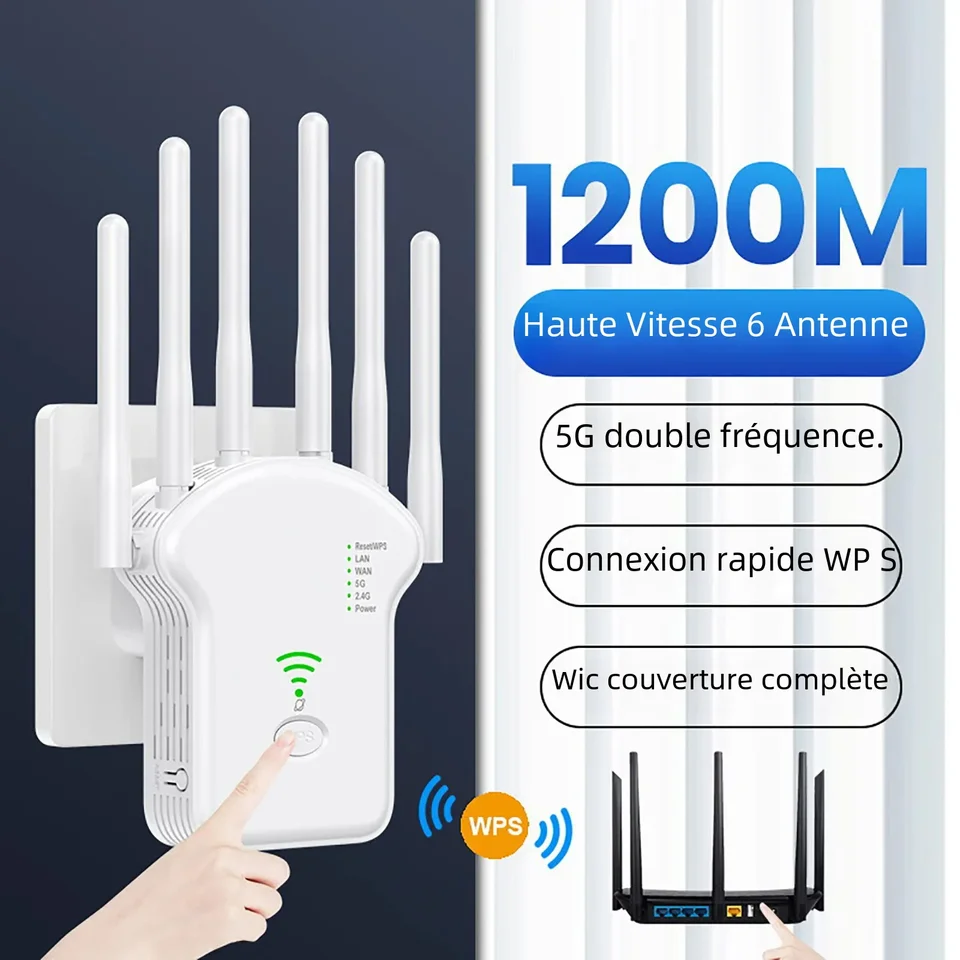 Amplificateur WiFi 6 Antennes - Répéteur Signal Jusqu'à 1100 M², 2 Ports LAN, Facile à Installer