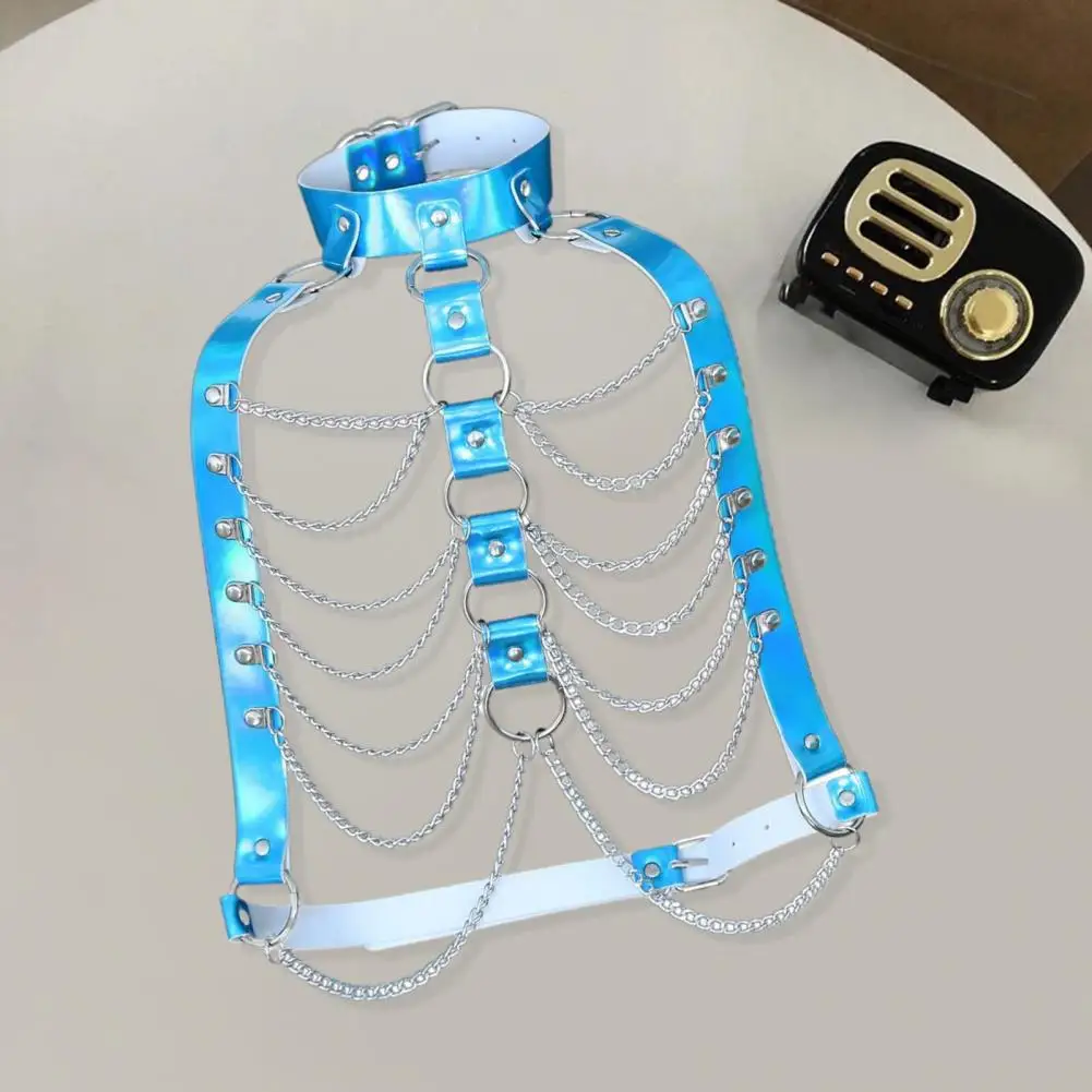 Women Waist Harness Sparkling Faux Leather Body Chain Harness Top for Women Punk Festival Outfit with Waist Chest Chains