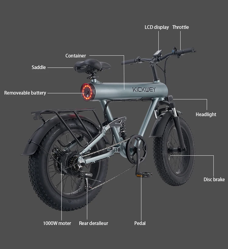 Bicicleta eléctrica para adultos, 20 x 4.0, motor de 1000 W, batería de  litio extraíble de 48 V 15 Ah, alcance de 43 millas y velocidad de 34 Mph