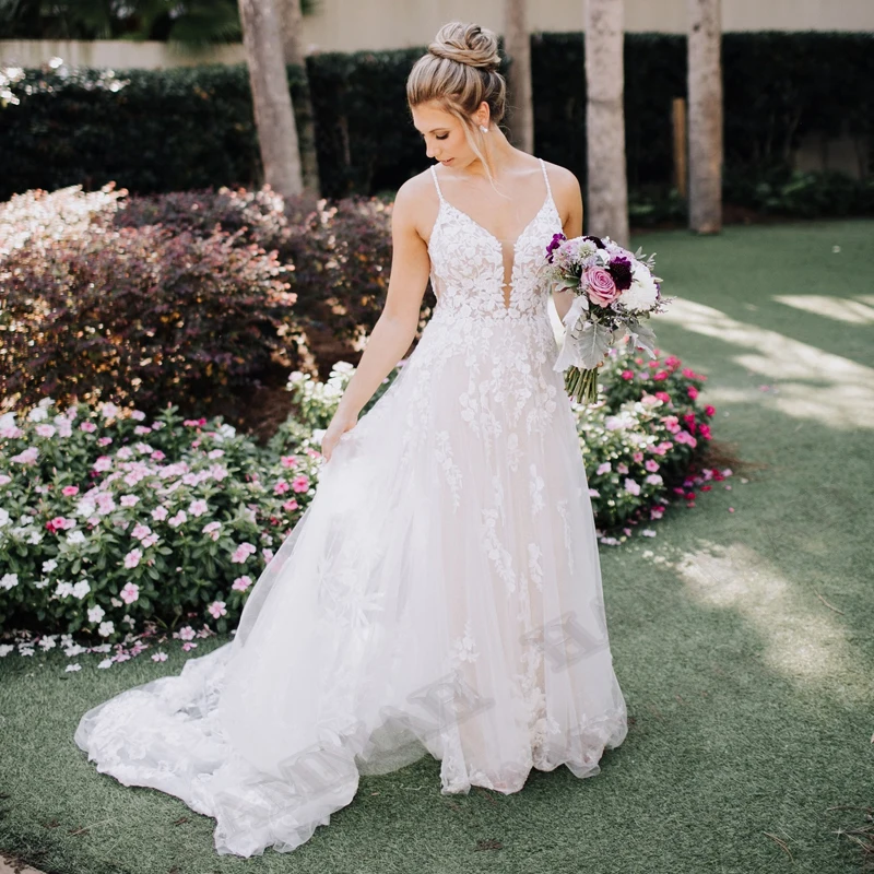

HAMMAH Elegant Appliques Wedding Dresses Sweep Train Sleeveless Spaghetti Strap Robe De Mariée V Neck Backless Made To Order