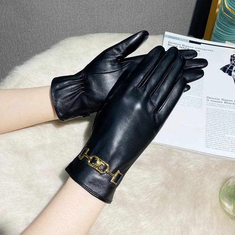 

Кожаные перчатки для женщин, женские перчатки из натуральной овечьей кожи, теплые шерстяные перчатки с подкладкой, Зимние перчатки для вождения с сенсорным экраном