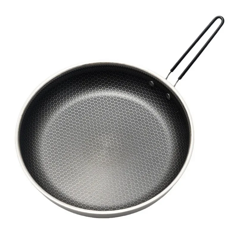 Outdoor Camping Non-Stick Hive Flat Bottomed Frying Pan Stainless Steel Cooking Pot Stir-Fry Camping Barbecue Grill C12/C13