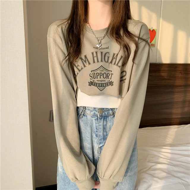 Moletons femininos estampados de hip-hop recortados, moletons Harajuku,  streetwear para adolescentes, estilo coreano, tops com gola O, moda Ins,  primavera - AliExpress