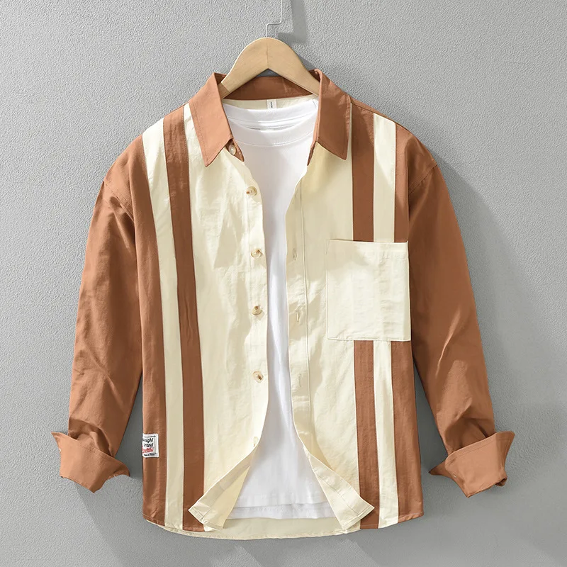 Vertical Striped Workwear Shirt Men Cotton Long Sleeve Bowling Spliced Shirt with Chest Pocket Casual Loose Fitting Cargo