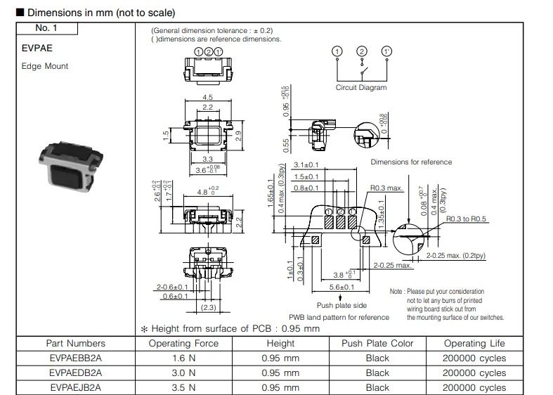 10 Stück EVPAEBB2A 4,5 mm*2,2 mm seitlich bedienbare Tastschalter mit 3-Pin-Bedienplatte, 3-poliger seitlicher Drucktastschalter – Detail 6