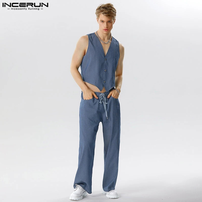 

2023 Fashion Men Sets Streetwear V Neck Sleeveless Button Vests & Lace Up Pants 2PCS Loose Solid Men Casual Suits S-5XL INCERUN