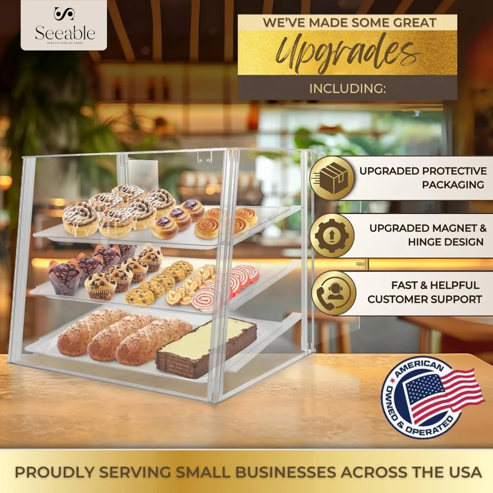 3-Tier Acrylic Bakery Display Case with Magnetic Doors, Removable Trays & Gold Accents for Desserts
