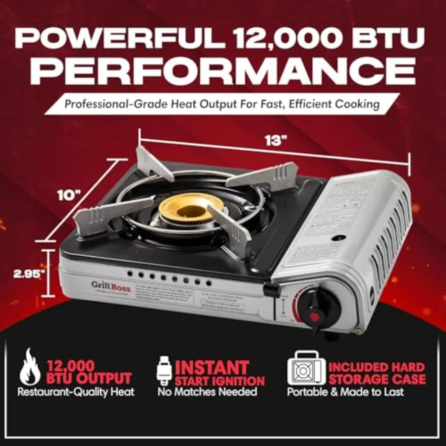 Grill Boss Dual Fuel Camp Stove-12000 BTU Portable Stove for Camping Emergency Survival Outdoor BBQ Hiking and Backpacking wi