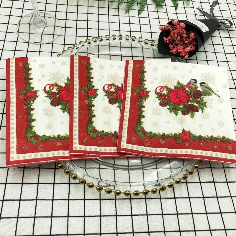 20pcs/Pac 33*33cm 2-Ply Christmas Style Red Lace Bird Colourful Printed Napkin Festive Party Paper Napkin Mouthcloths paper napkins