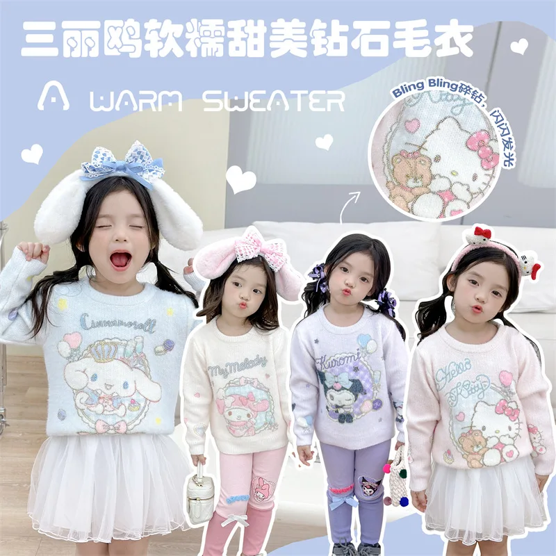 

Kawaii My Melody Kuromi Cinnamoroll Diamond Children's Sweater Anime Sanrio Girly Heart Cute Soft Skin-Friendly Girls' Sweater