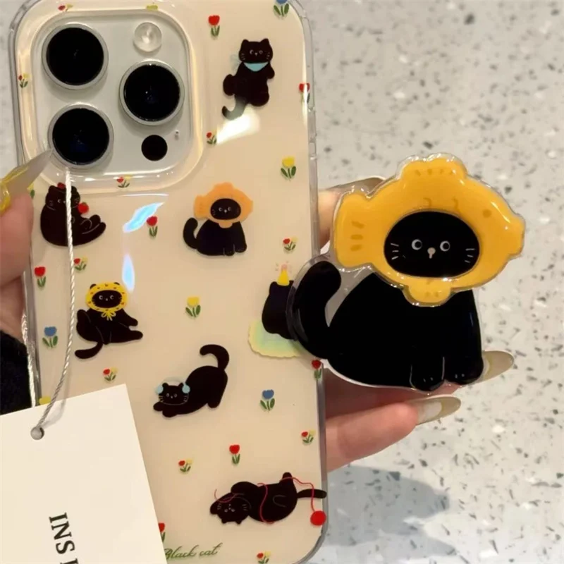 Chic Double-Layer Black Cat Phone Case with Kitten Holder