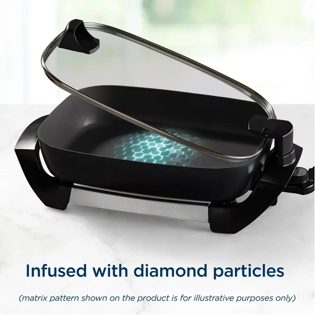 Oster DiamondForce 12-in x 16-in Nonstick Electric Skillet with Hinged Lid, Black 3