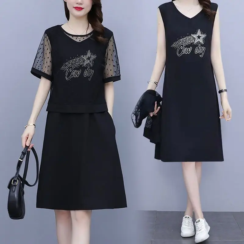 

Korean Two Piece Set A-line Skirt 2024 Summer New Women's V-Neck Diamonds Spliced Gauze Elegant Slim Short Sleeve Dress Set