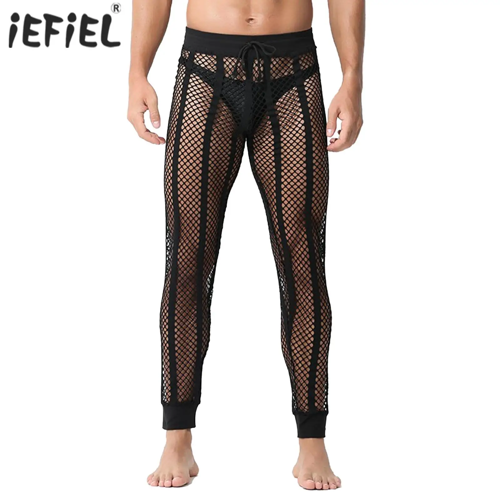 

#S-XL Mens Hollow Out See-through Mesh Pants Fitness Workout Striped Leggings Bodybuilding Drawstring Elastic Waistband Trousers
