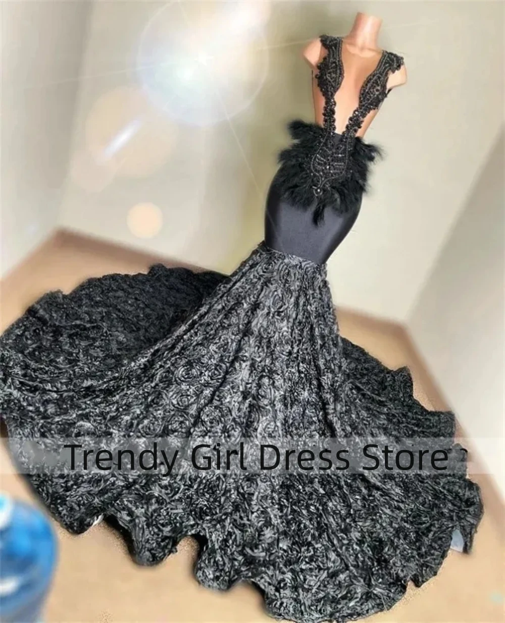 

Sexy Black 3D Flower Mermaid Prom Dresses 2024 For Girls Illusion Beading Feathers Formal Party Dress فساتين للحفلات الراقصة