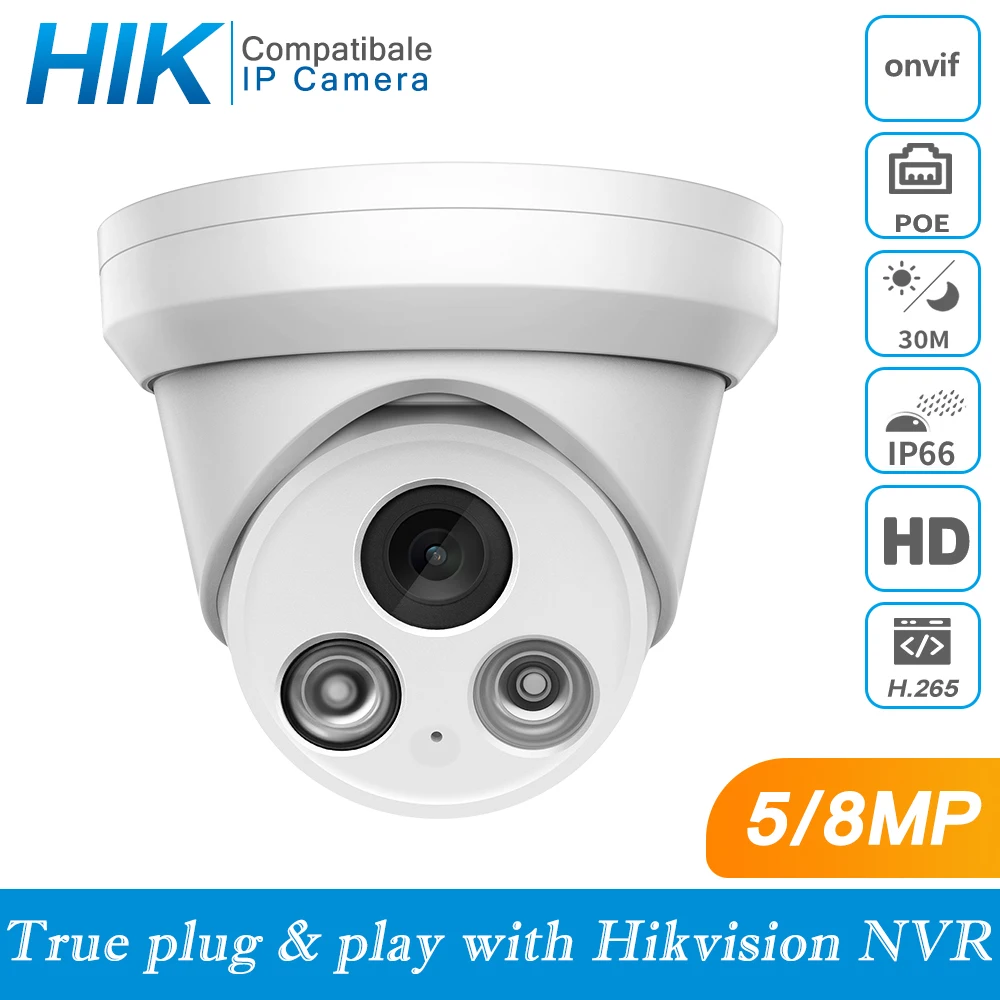 Hikvision Compatibile 5Mp Dome Poe Ip Camera 8Mp Home Security Cctv Camera 8Mp Ir 30M H.265 P2P Plug & Play Security Ipc