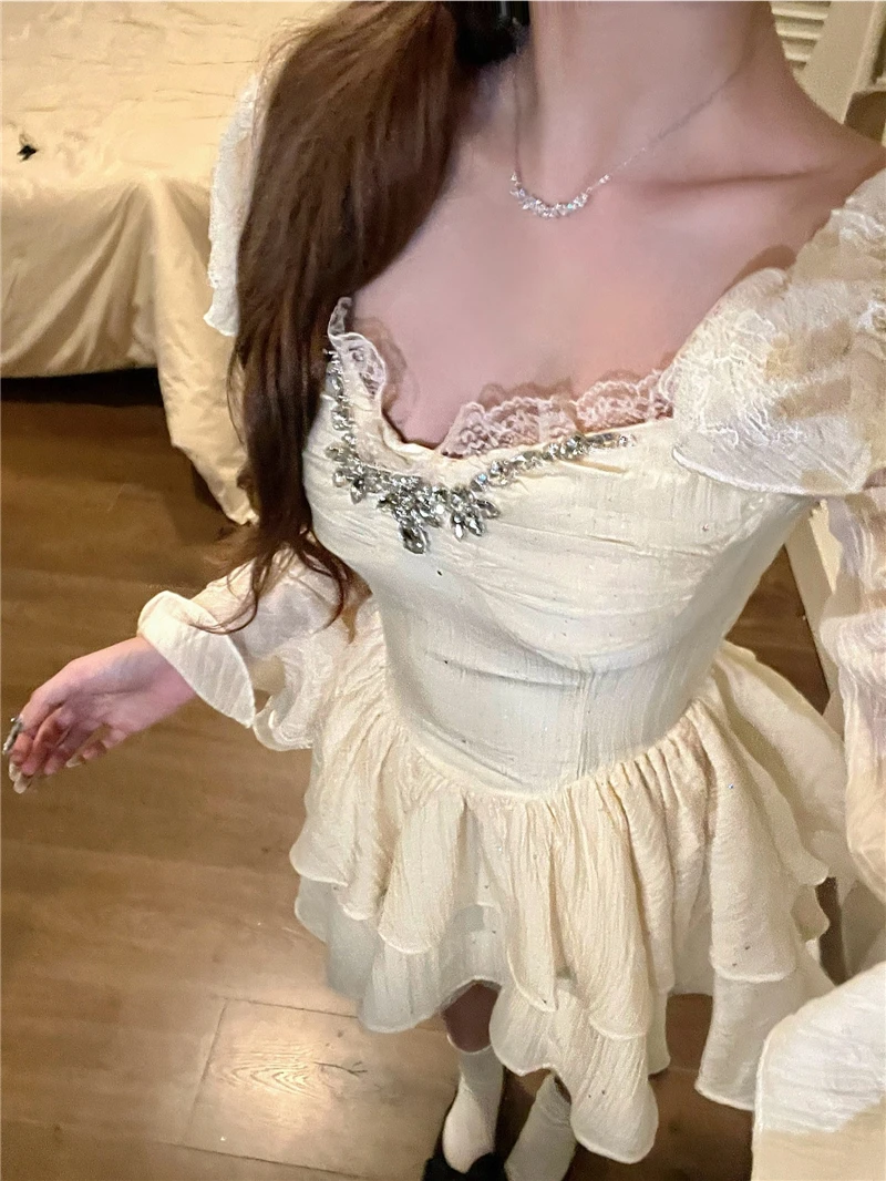 Y2K Black Short Dresses for Women Diamonds Square Collar Flare Sleeve High Waist A-line Birtheday Party Dress Prom Mini Vestidos