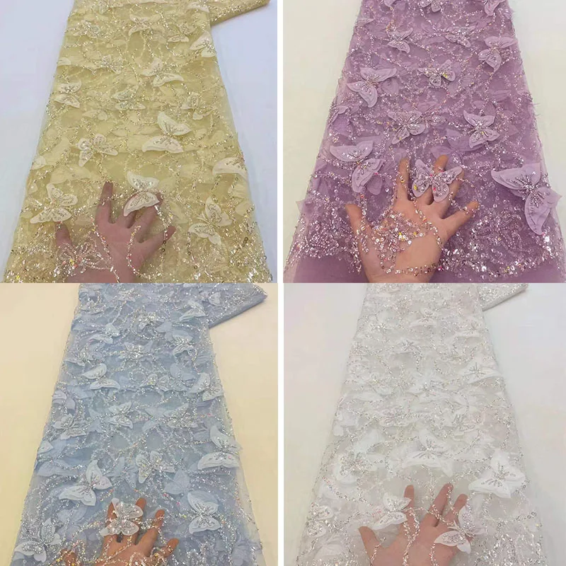 

Блестящая 3D бабочка блестки бисер вышитые кружева ткань для свадебного платья дизайнерская ткань