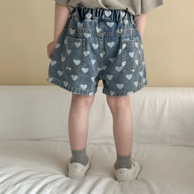 Heart Print Denim Shorts - Casual Knee-Length Shorts for Kids 1-8Y