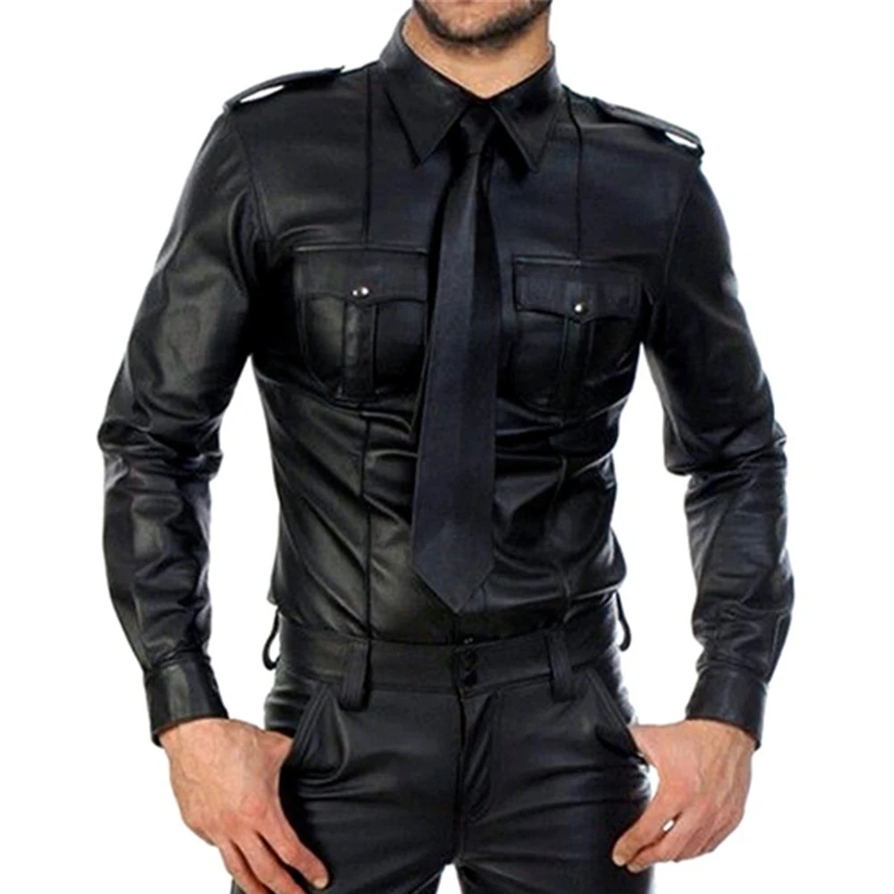 

Men Sexy Fitness Tops Faux leather Shirts Gay PU Leather Latex T-shirt Tees Mens Nightclub stage Tops Sexy Party Clubwear