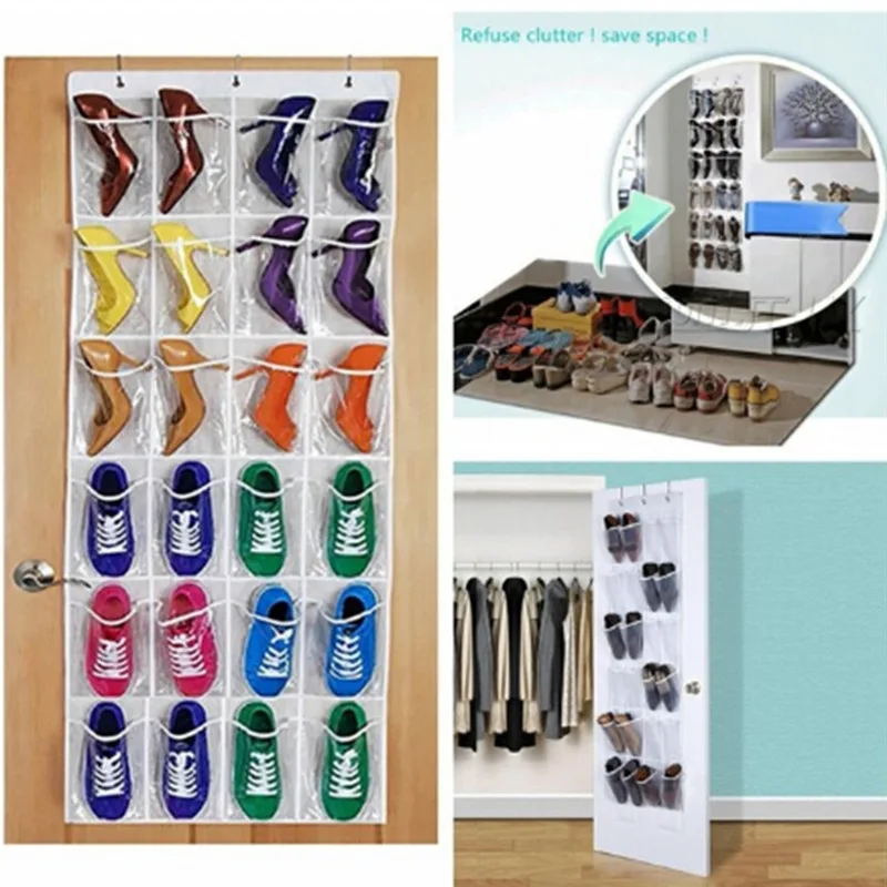24 Grids Wall-mounted Sundries Shoe Organiser Fabric Closet Bag Storage Rack Mesh Pocket Clear Hanging Over The Door Cloth Box 3