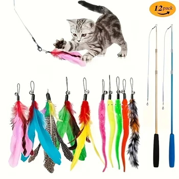 12pcs pet cat toys, cat teasing sticks, Artificial feather replacement heads, retractable poles, cat teasing toy set