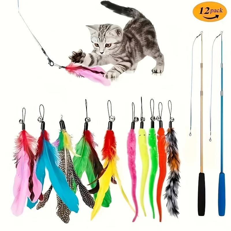 12pcs pet cat toys, cat teasing sticks, Artificial feather replacement heads, retractable poles, cat teasing toy set