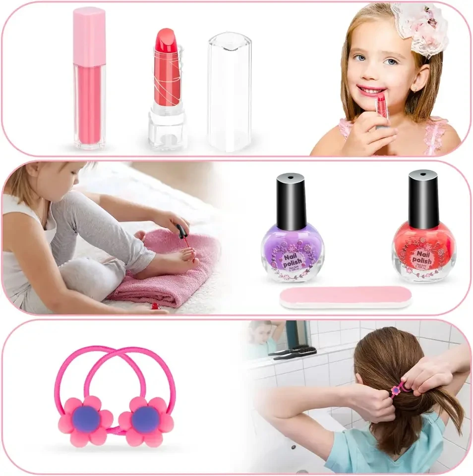 Portable DIY Kid Make Up Toy Beauty Safe Easy Remove Wash Cosmetic Nail Polish Palette Set Case Girl Pretend Gift for Toddler 6